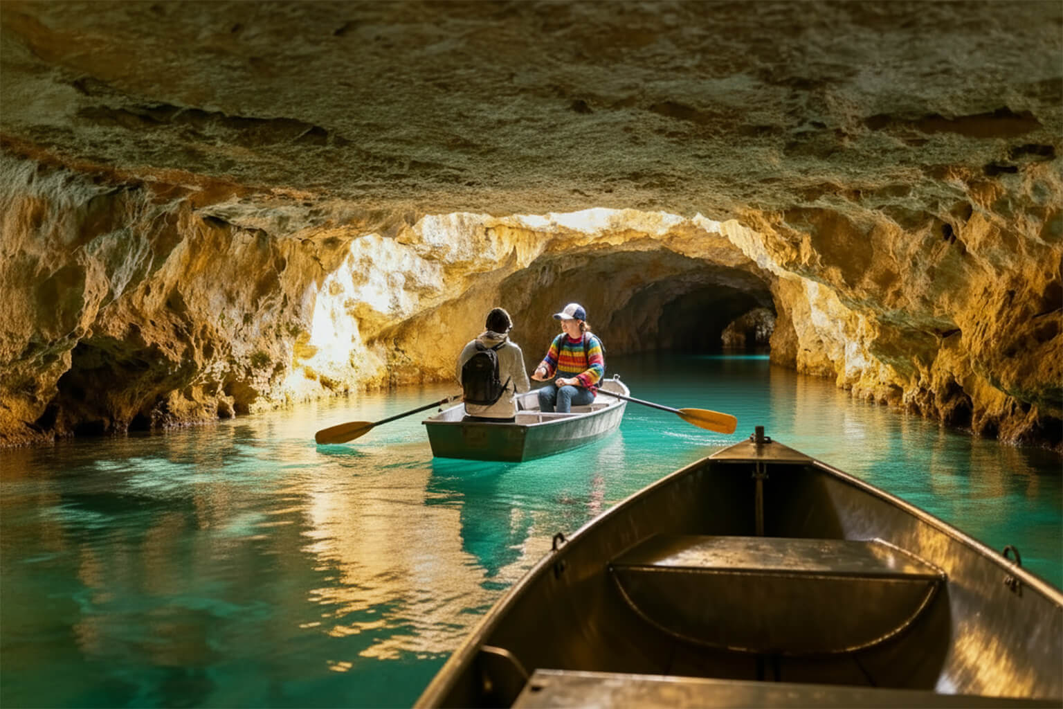 Tapolcai Tavasbarlangban két turista csónakázik